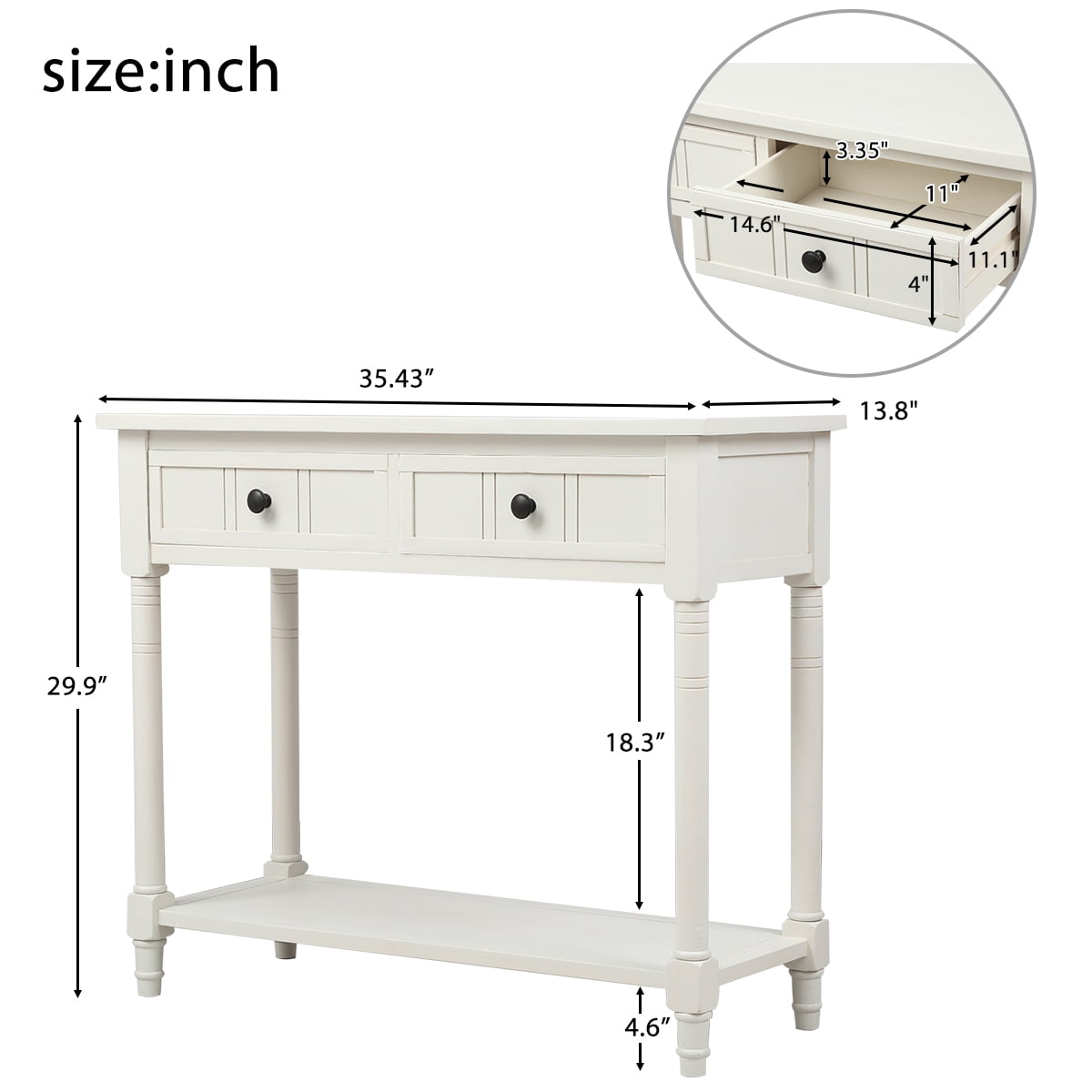 Entryway Table with Solid Wood Legs Console Table Traditional Design with Two Drawers and Bottom Shelf Sofa Table