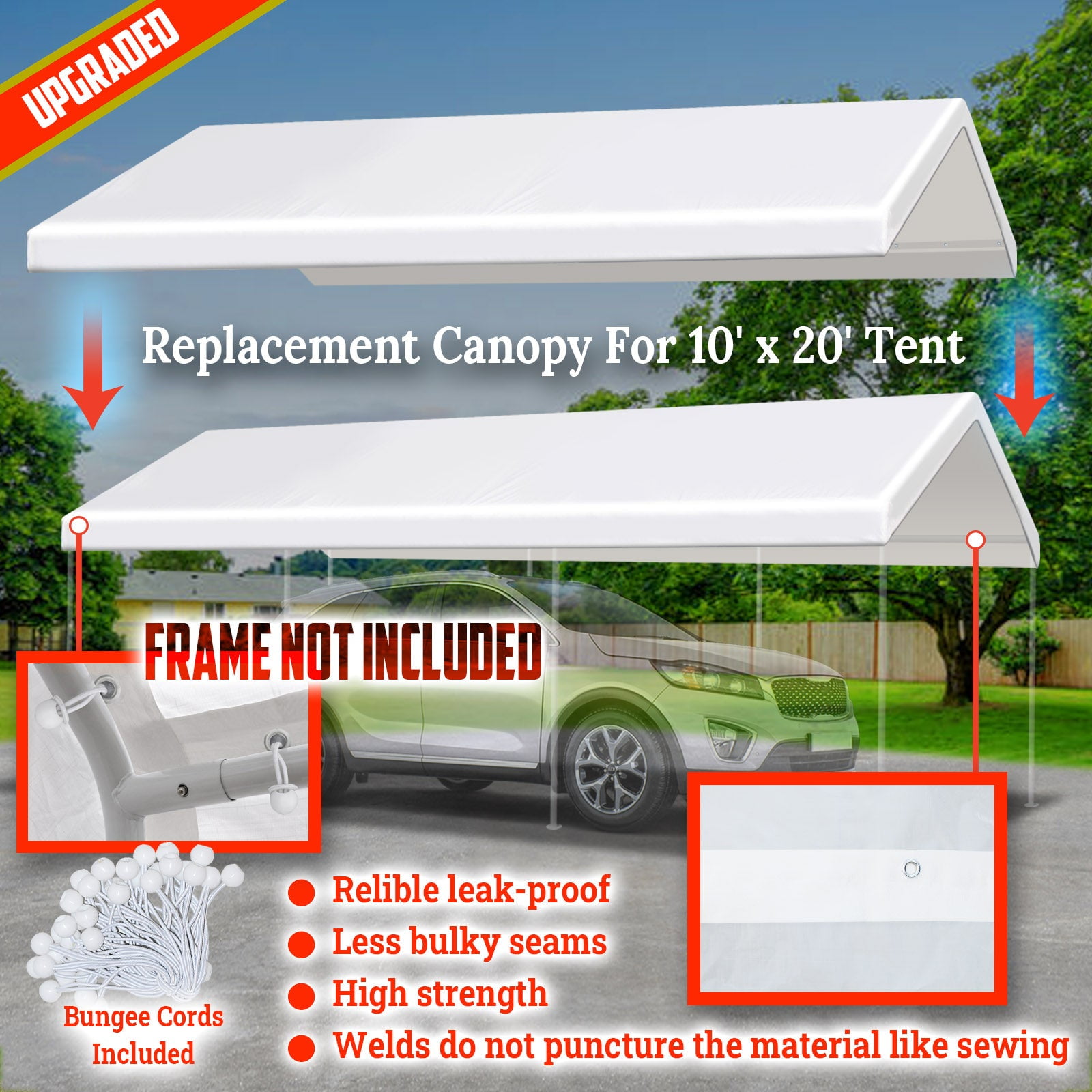 SUNNY OUTDOOR Upgraded Muliti Color Canopy ONLY 10'x20' Carport Replacement Canopy Outdoor Tent Garage Top Tarp Shelter Cover with Ball Bungees (White)