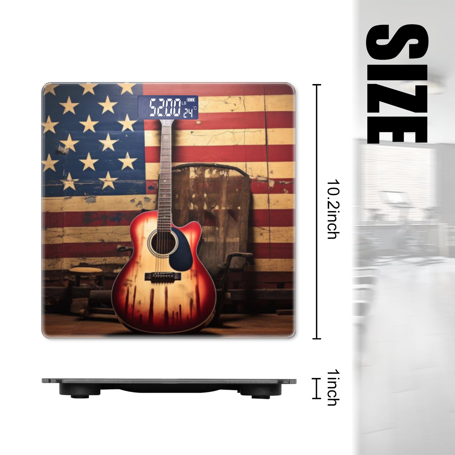 High Precision Body Weight Scale Smart Bathroom Scales with Large LCD Display(400lbs),Decorative for Bedroom-Acoustic Guitar In Front Of American Flag