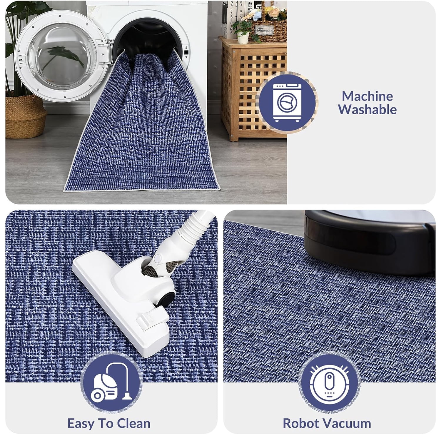 Tzou Washable Area Rugs 9x12 for Living Room, Low Pile Braid Print Indoor Carpet with Non-Slip Backing for Home Office(Blue)