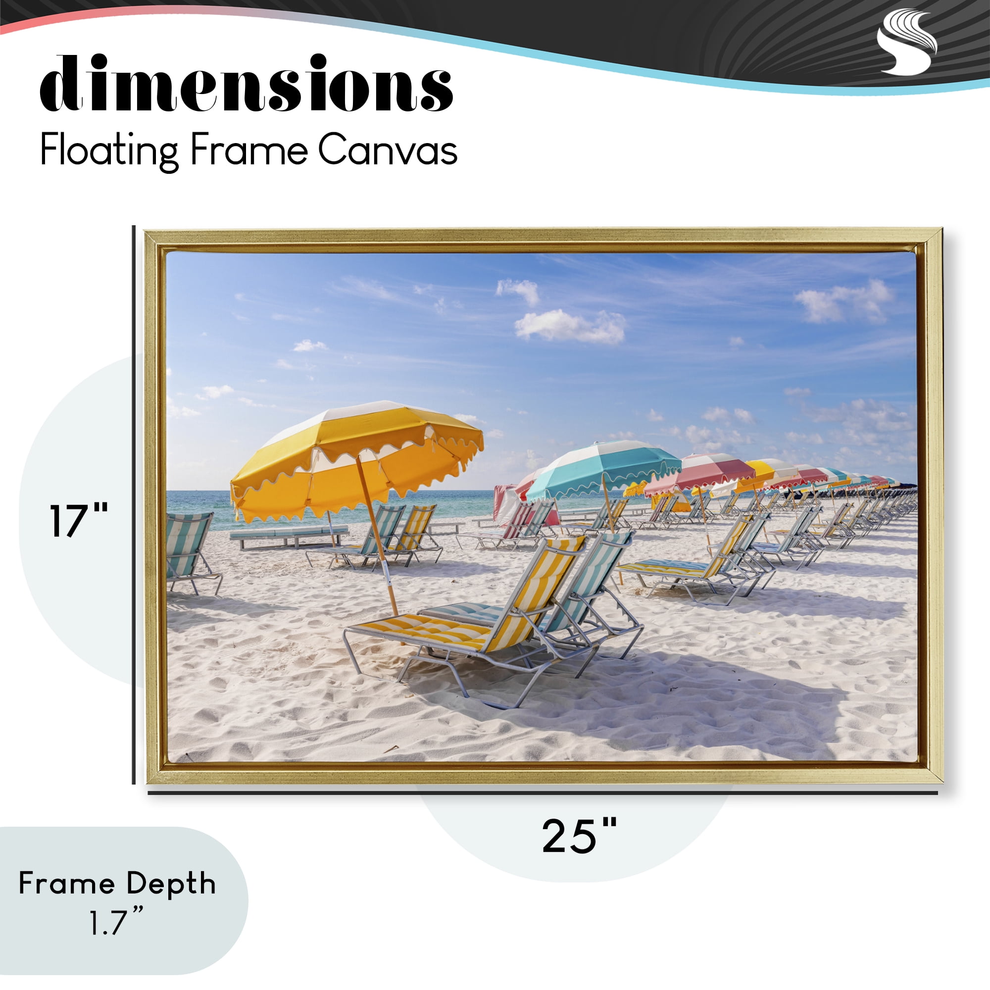 Stupell Industries Striped Umbrellas on Sunny Beach Gold Framed Floater Canvas Wall Art, design by Richard Silver