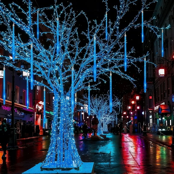 Meteor Shower Rain Lights Cascading Solar LED Outdoor,LED Falling Rain Fairy String Lights for Christmas Tree, Holiday Party, Terrace Decor