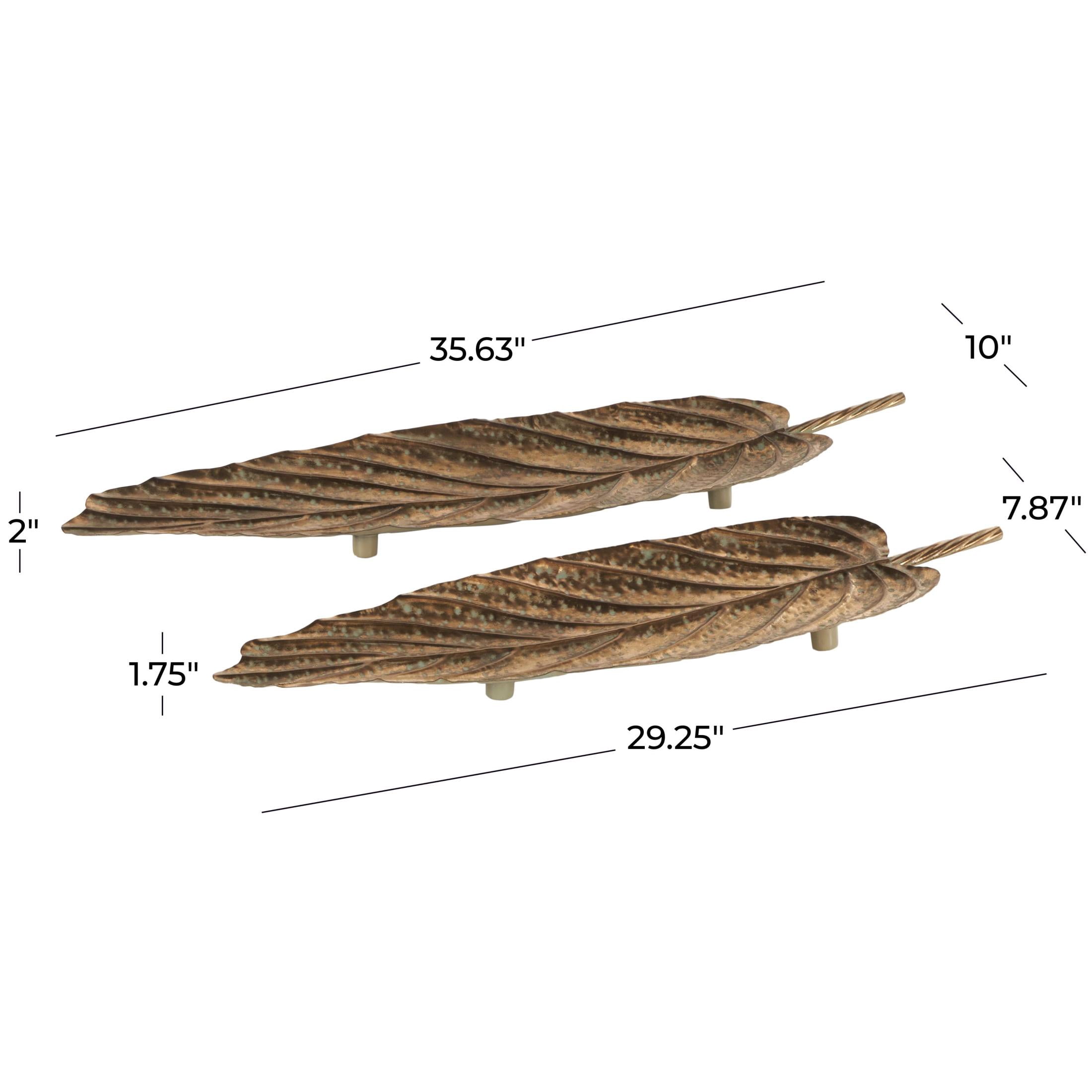 DecMode 36", 29"W Copper Metal Textured Leaf Tray with Patina Accents and Elevated Feet, 2-Pieces