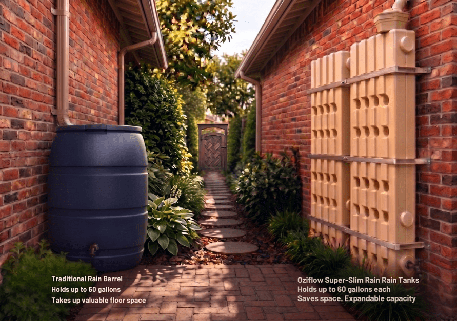 Oziflow Super-Slim Rain Harvesting Tanks 60 gal Beige Expandable Modular Storage Plastic Rain Barrels, UV Resistant, Lifetime Warranty,  Made in USA