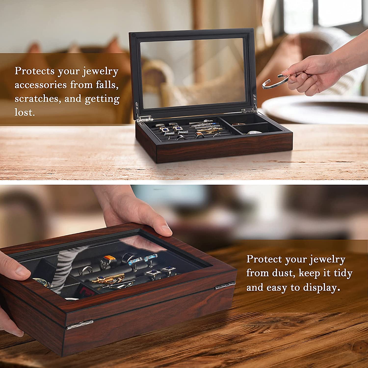 Watch Box Organizer for Men, 6 Slot Luxury Watch Display Case Wood Jewelry  Organizer with Drawer Watch Holder with Real Glass Top Watch Storage Gift  Box for Sunglasses Cufflinks Rings and More 