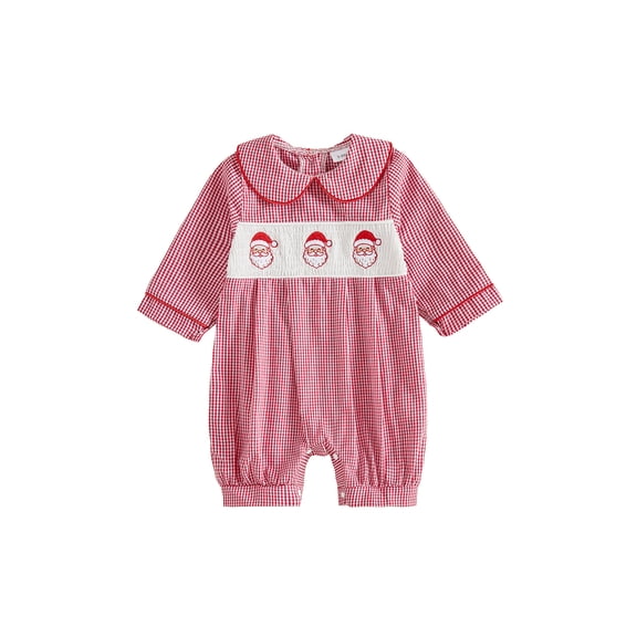 Cenuakty Baby Boy Christmas Plaid Romper Santa Embroidery Long Sleeve Jumpsuit