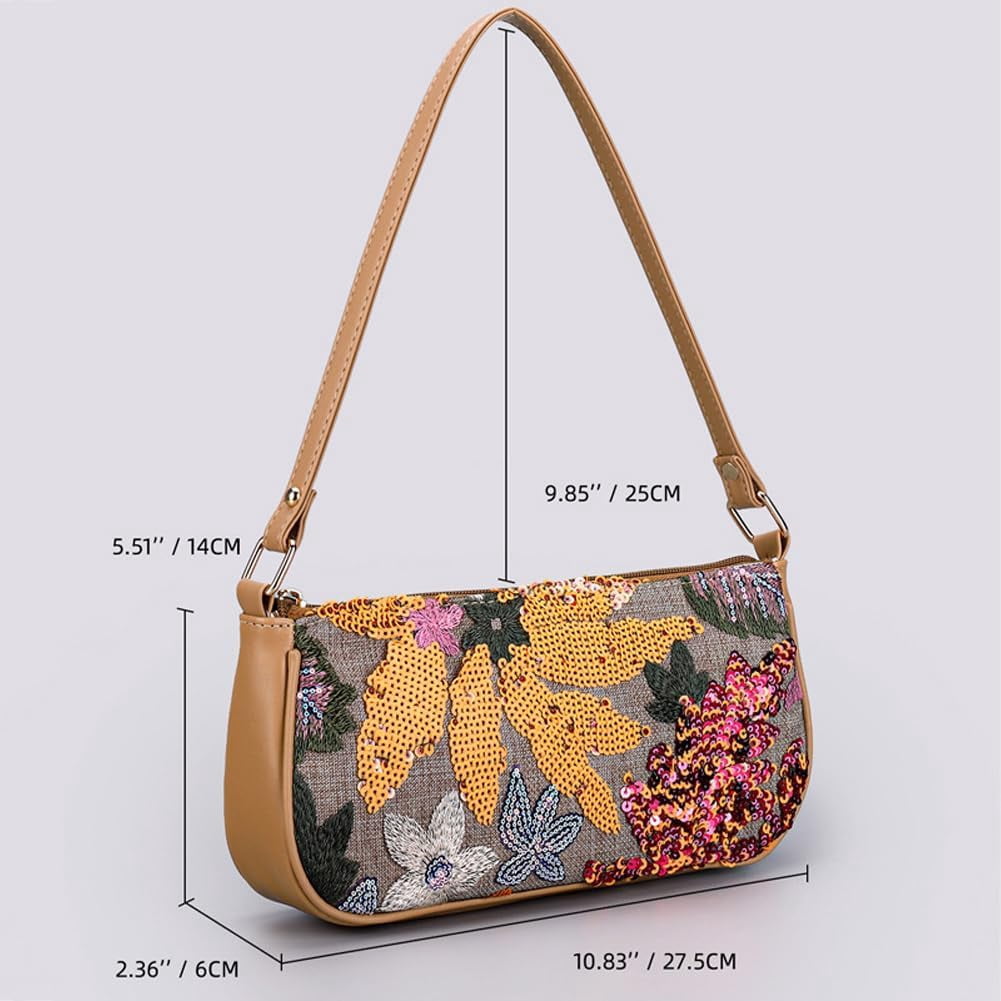 Women's Floral Embroidery Handbags Sequins Shoulder Bags Summer Party Handbags Glitter Underarm Backpacks