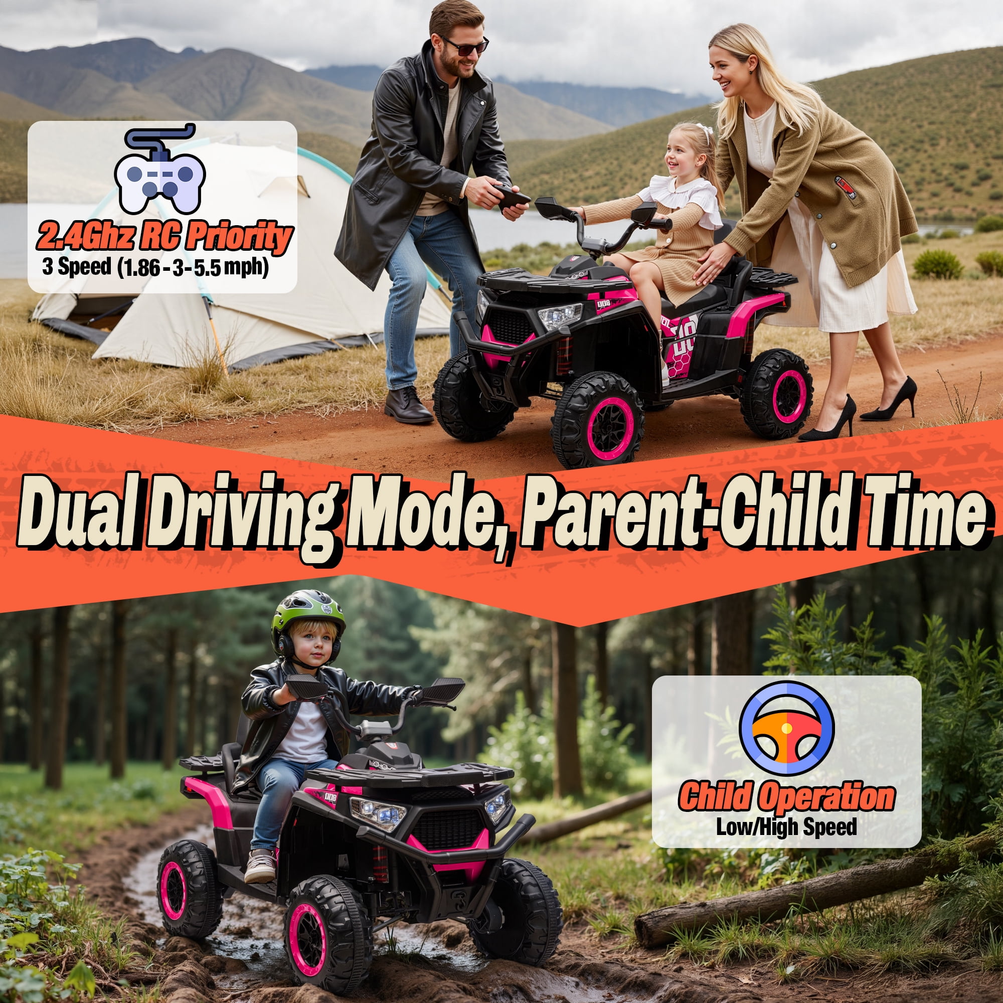 Joyracer 800W 4WD 24V Kids ATV w/ Remote Control 2 Seater 24 Volt Ride on Toys for Toddlers Power Car Wheels w/ Kneepads, Bluetooth Music, Pink