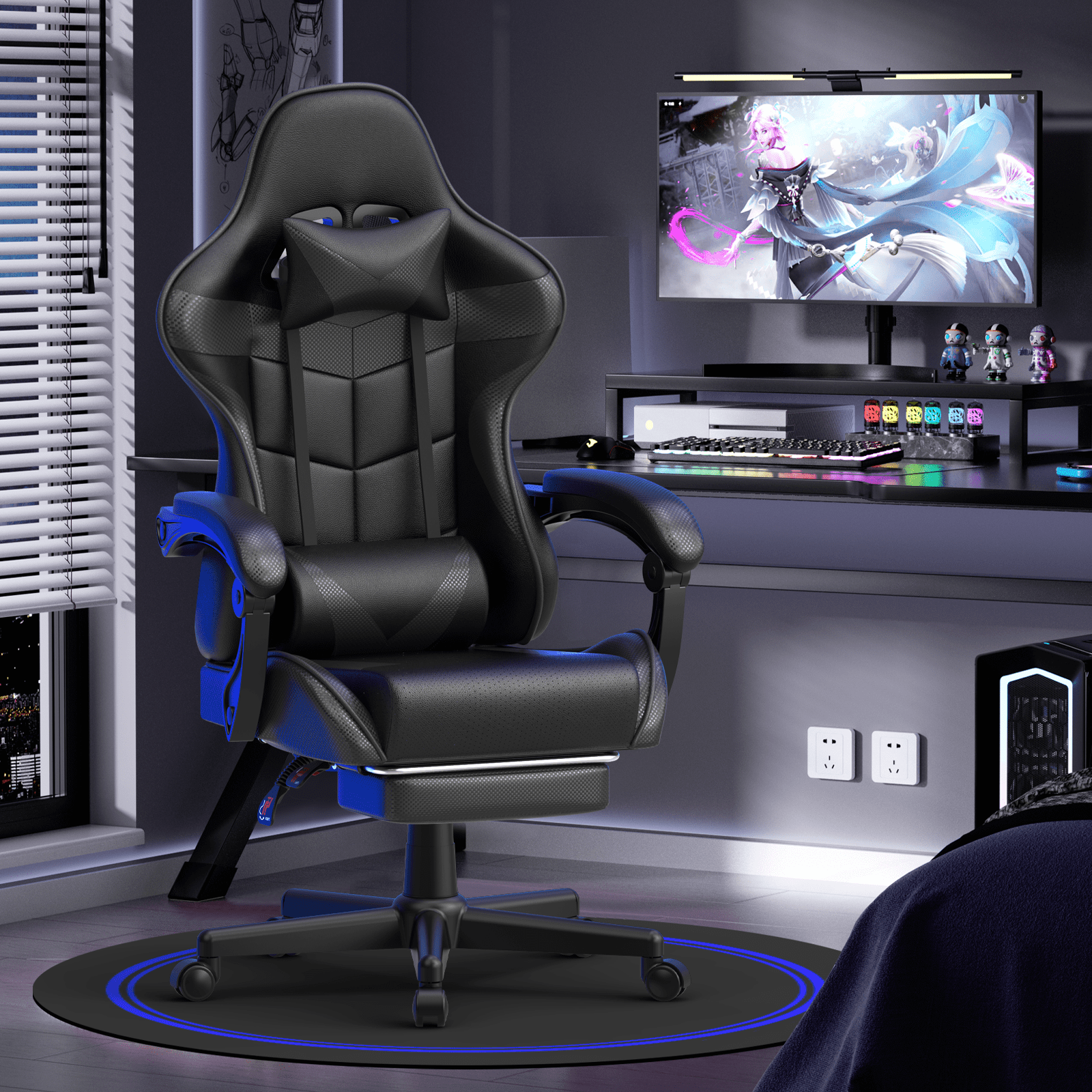 Soontrans Gaming Chair with Footrest, High Back Game Gamer with Massage Lumbar Pillow Compuer Chair for Adult , Black