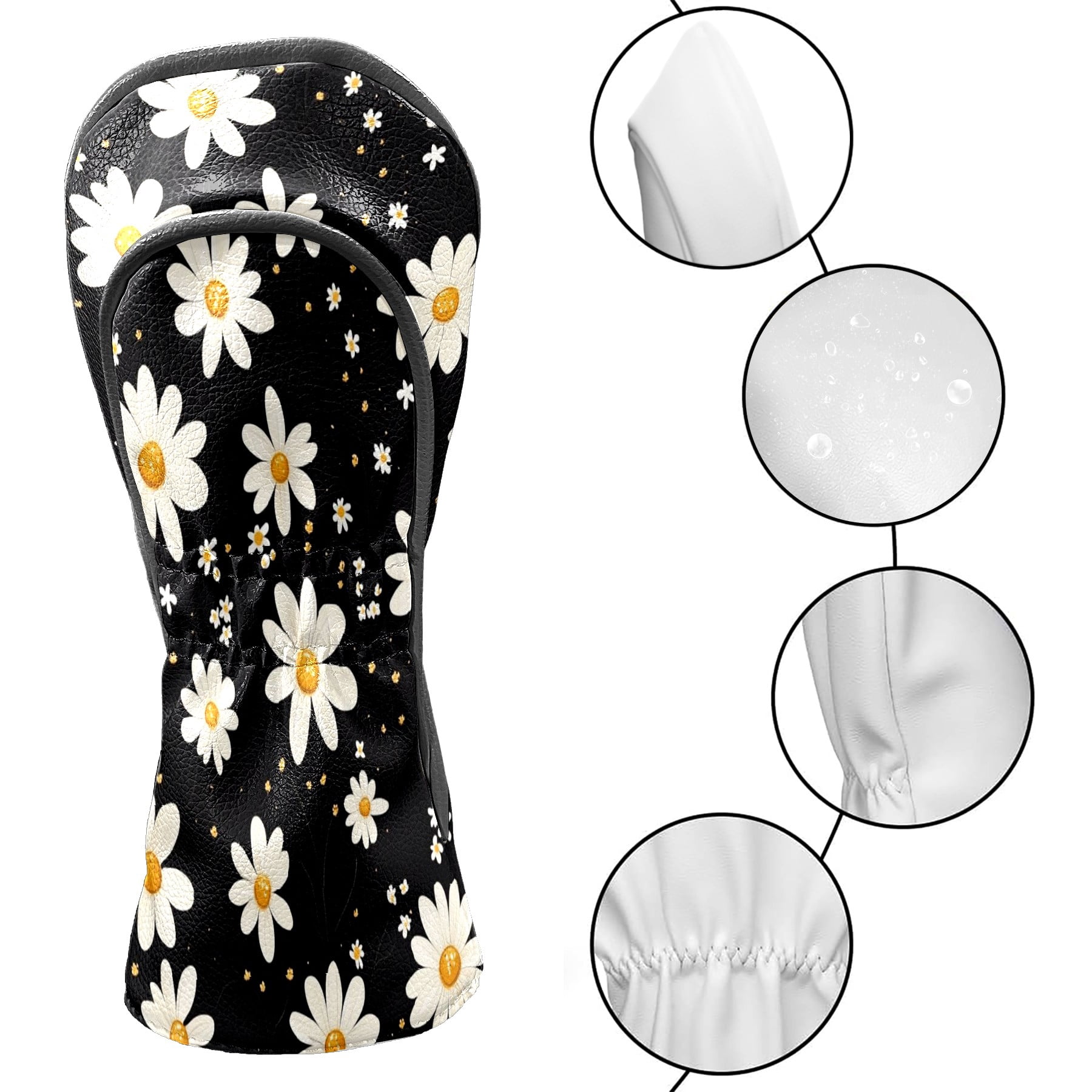 Golf Club Head Covers - White Daisy Design, PU Leather, Waterproof, Fits Fairway Woods/Hybrid, Unisex, Fits Most Brands
