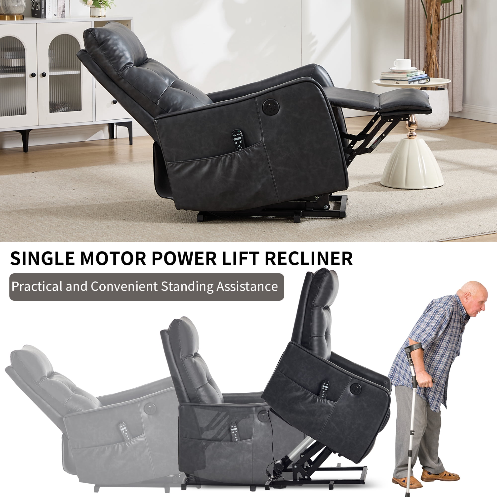 Leumius Power Lift Recliner Chair with Massage and Heat for Elderly,Heavy Duty Electric Reclining Chair with Side Pockets,USB Charge Port for Living Room,Grey-Faux Leather