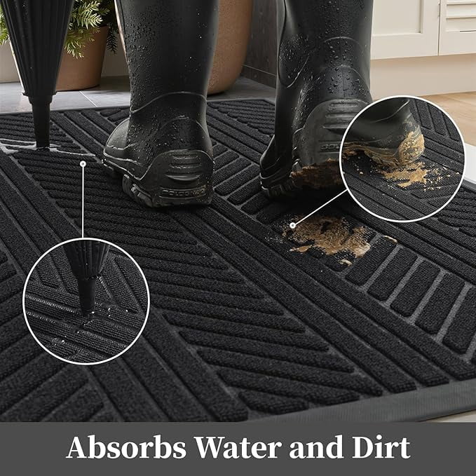 FEELHOME Outdoor Mat 17"x30" Non Slip Front Door Mat Outside Absorbent Rubber Welcome Mat Low Profile Dirt Trapper Indoor Outdoor Doormat Boho Geometric Door Mat Outside Thick Entryway Rug Black