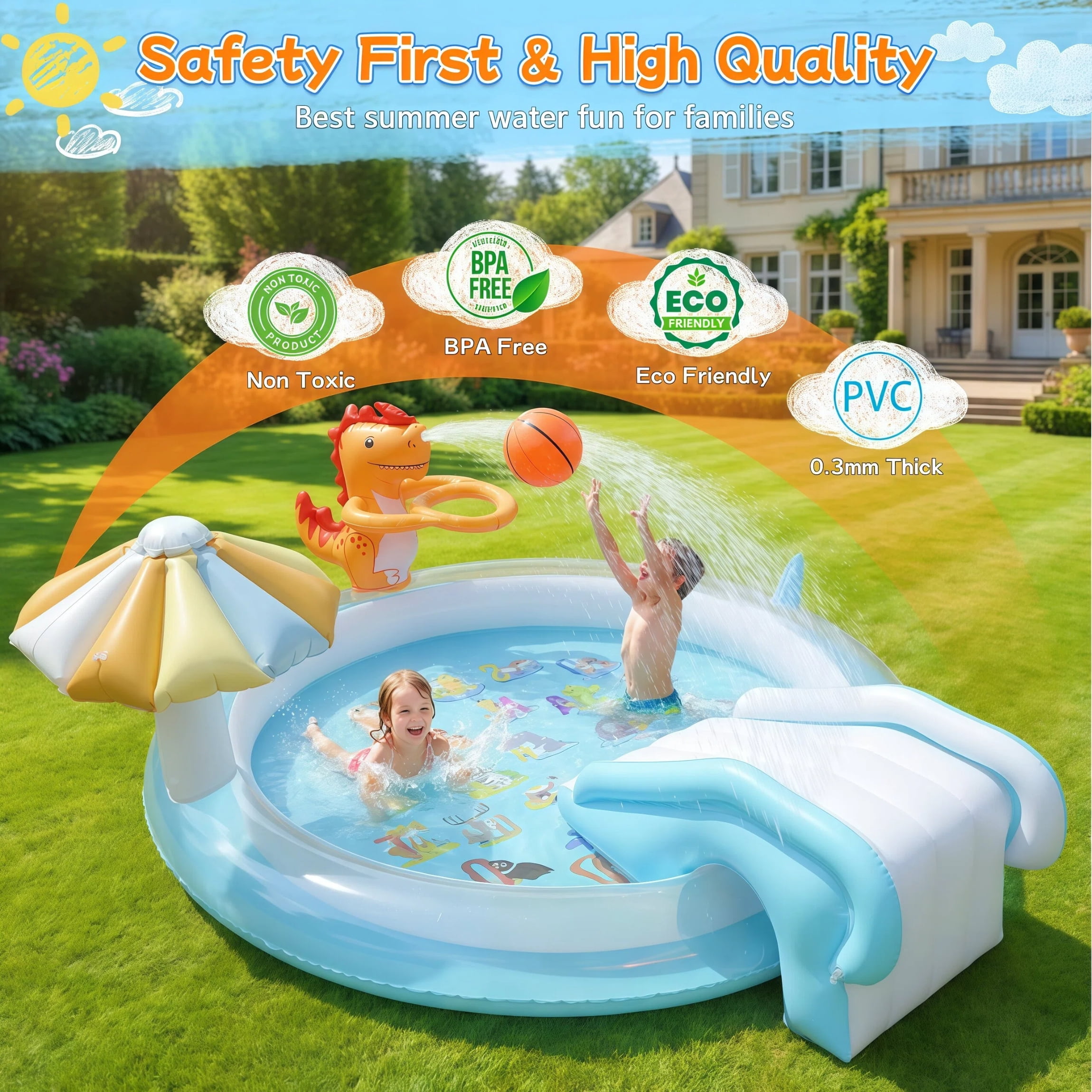 Teblint Dinosaur Inflatable Pool, 75" x 75" x 7.4" Sprinkler Swimming Pool, Spray Kiddie Pool, Play Center Water Toys for Backyard Lawn, Above Ground, Outdoor