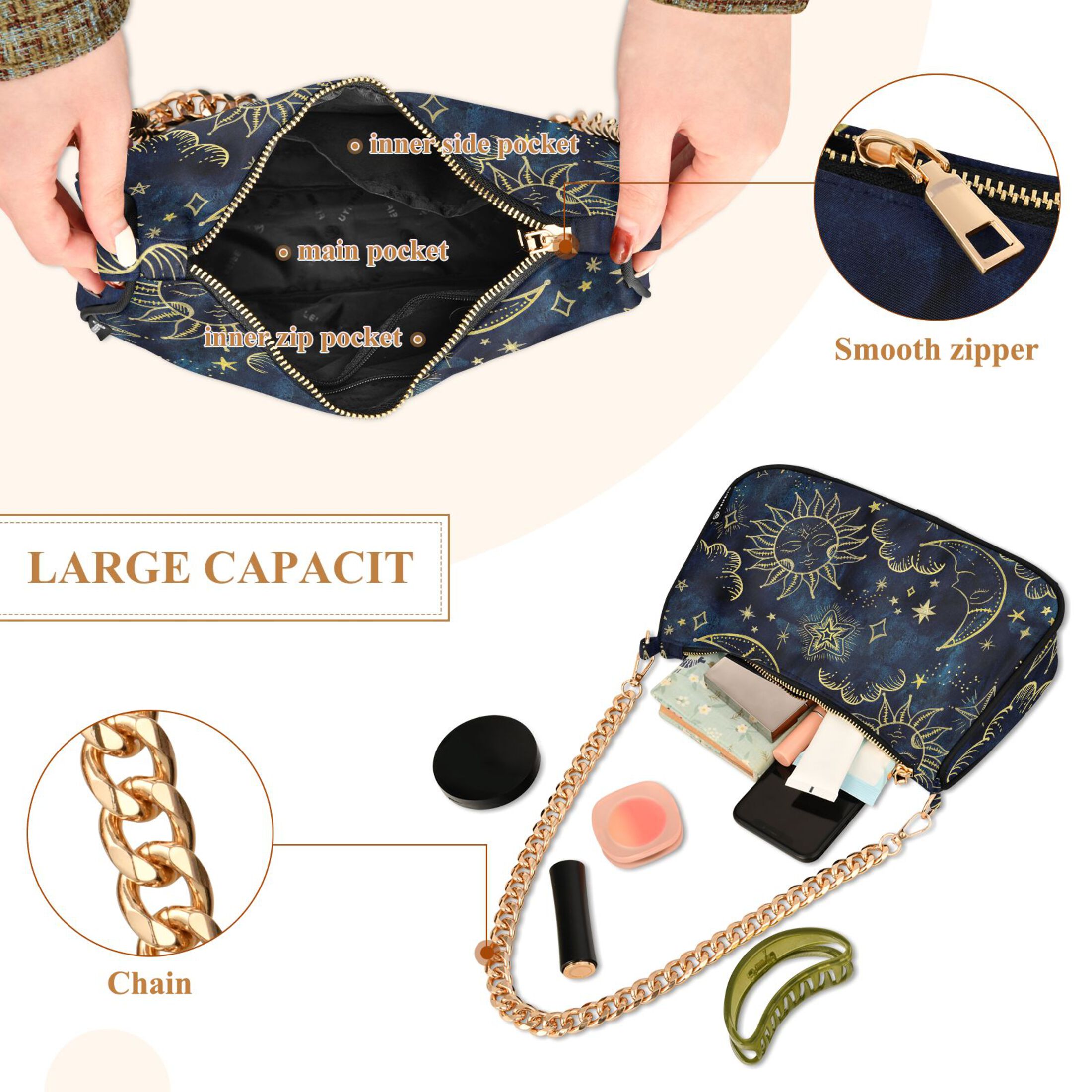Sun Moon Boho Cosmos Astrology Womens Chain Shoulder Bag Tote Handbag Clutch Hobo Purse with Zipper for Travel Casual