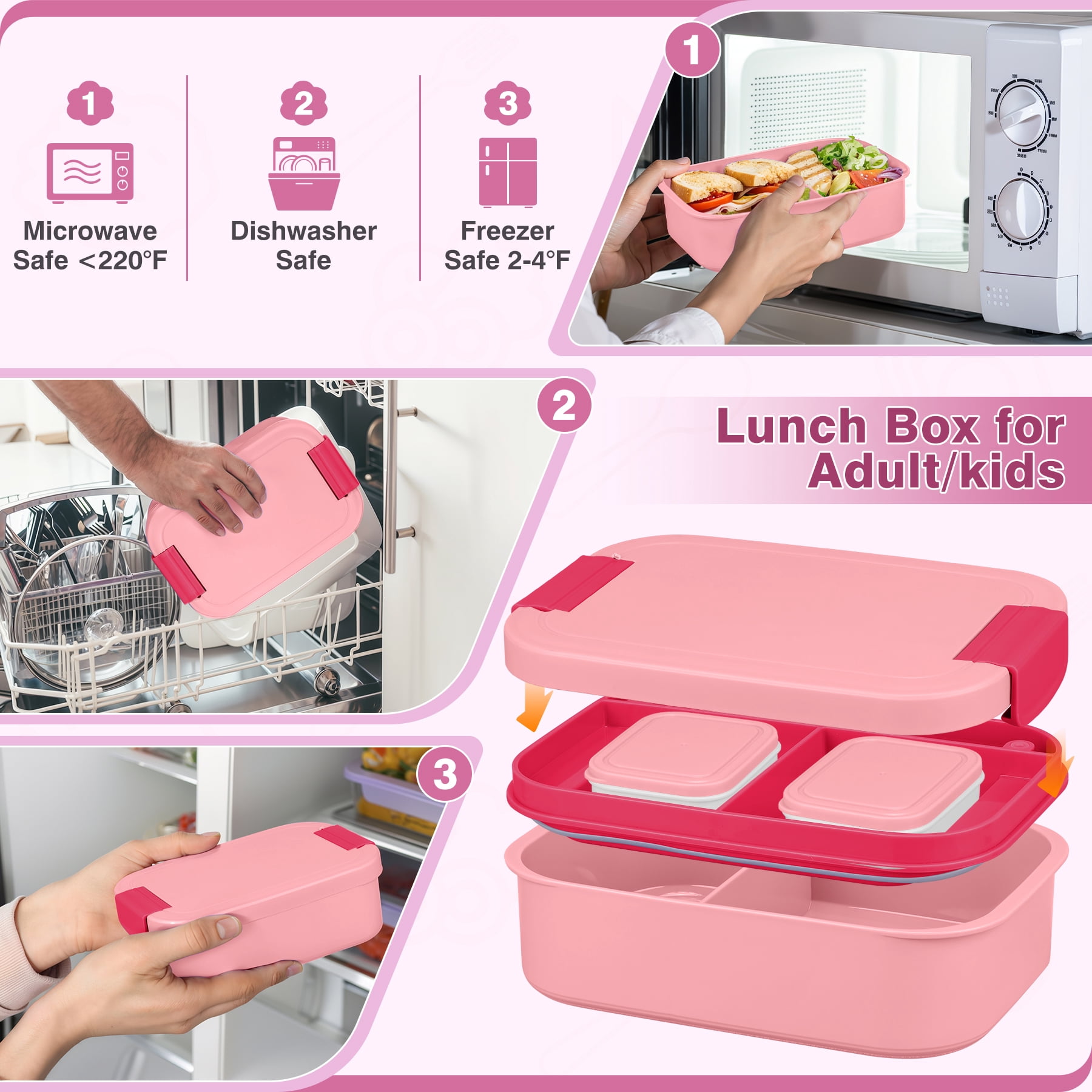 Bento Lunch Box Set with 10.5oz Soup Thermo for Adults Kids, Leak-proof Food Jar Lunch Container with 4 Compartment, Stainless Steel Coffee Tumbler with Lunch Bag for School Travel Office Pink