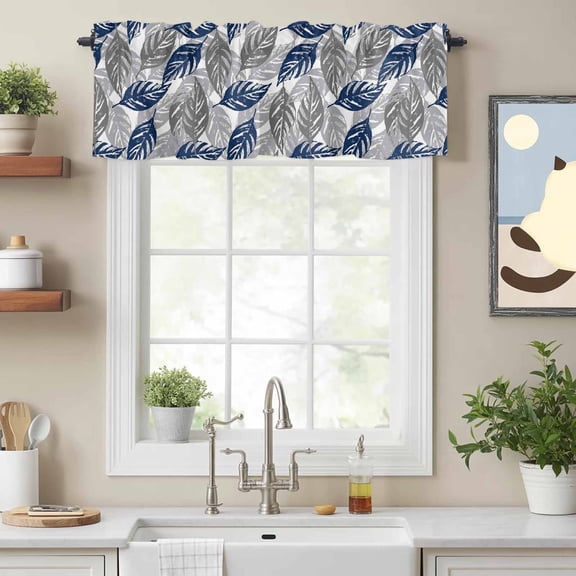 Navy Blue Gray Leaves Texture Valances for Windows,Rod Pocket Valance for Kitchen Bedroom Bathroom Living Room,Botanical Leaf Foliage Window Valance Curtain Home Decor Short Curtains 54x18in