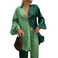thumbnail image 2 of Women Juniors Satin Two Piece Set Casual Loose Suit Single Breasted Turn Down Collar Long Sleeve Shirt Top Wide Leg Pants, 2 of 8