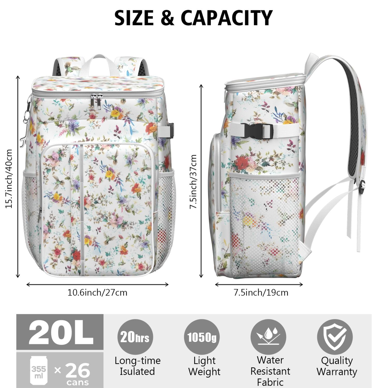 Travel Cooler Bag - Pioneer Flower Floral Print Pattern Camping Beer Cooler Backpack with Bottle Opener- Waterproof Insulated Picnic Backpacks - Cooler Bag for Beach