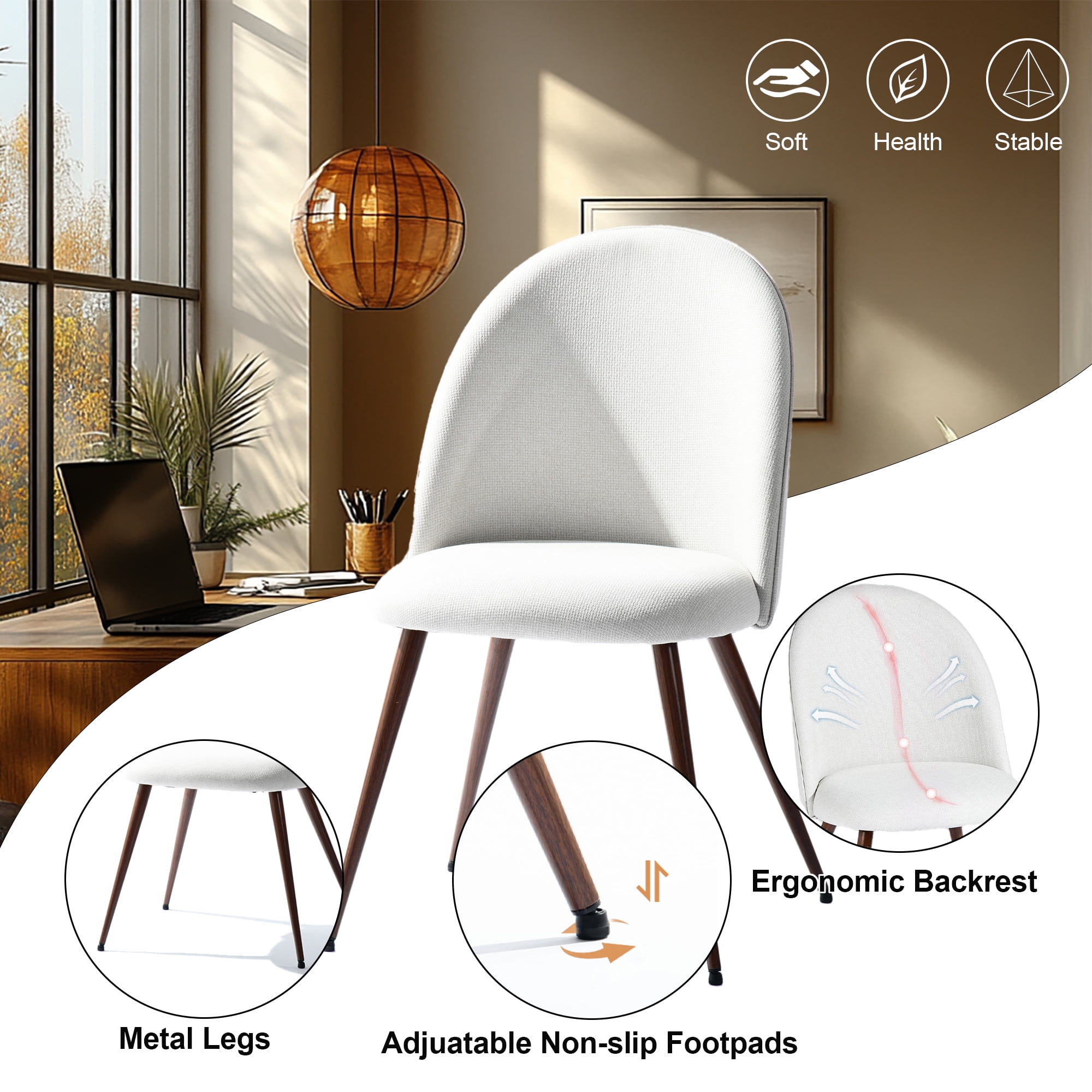 Homy Casa Set of 2 Modern Office Chair Pair, Beige Fabric Upholstered Curved Back