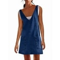 thumbnail image 3 of Women Denim Overalls Mini Dress Adjustable Shoulder Straps High Roller Skirtall Casual Jean Romper Dress Dark Blue M, 3 of 9
