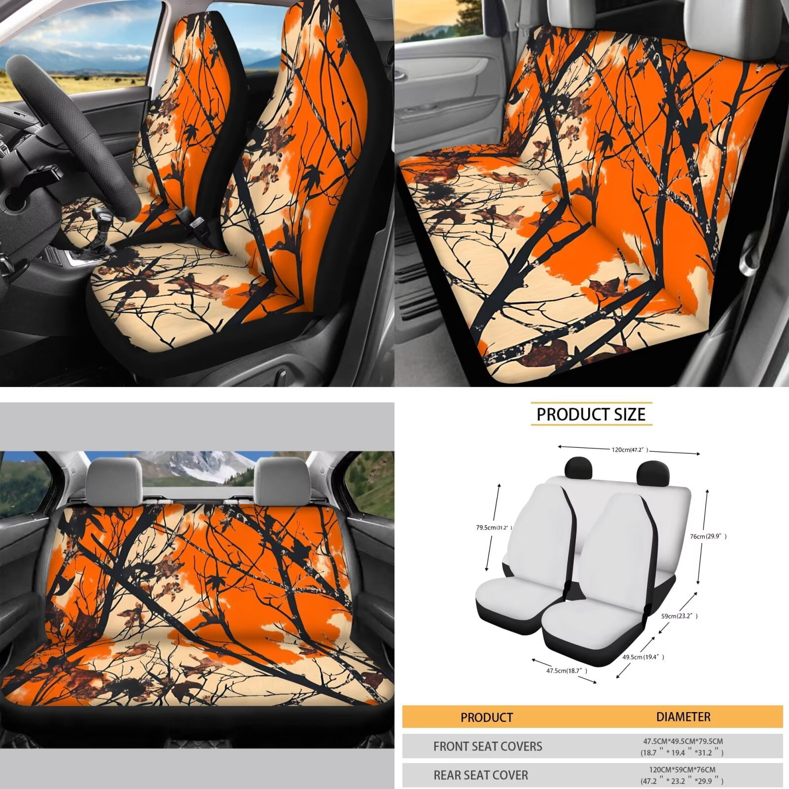 Garronmavis Orange Hunting Camo Forest Car Seat Cover Full Set 16 Pieces Belt Pads Cover Keychain Gear Shifting Knob Cup Mats Windshield Sun Shade