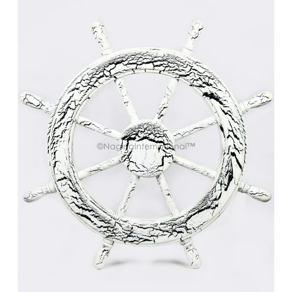 Nagina International Crispy Cracklings Antique Beautiful Vintage Nautical Maritime Genuine Wood Hand Crafted Pirate's Wall Ship Wheel | Home Decor Gifts (18 Inches, Vintage White)