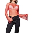 thumbnail image 3 of Women'S Rhinestone Body Chains Long Sleeve Tops Crystal See Through Mesh Fishnet Shirts Outfits Red M, 3 of 7