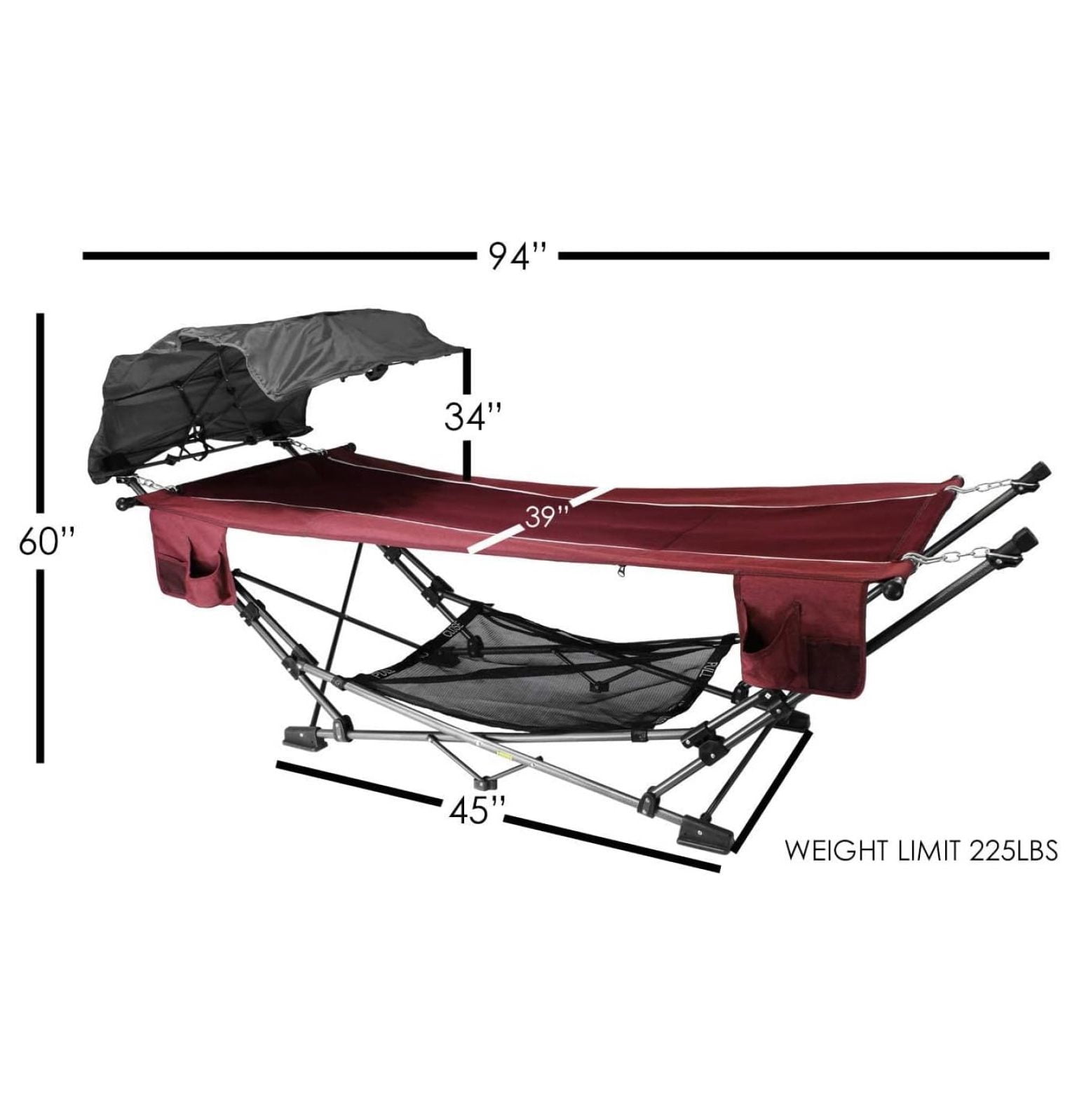 Limited Portable Folding Metal Framed Hammock with a Retractable Canopy, Perfect for Camping, Patio, Outdoor, and Relaxing, Side Pockets Included, Red (Pack of 1)