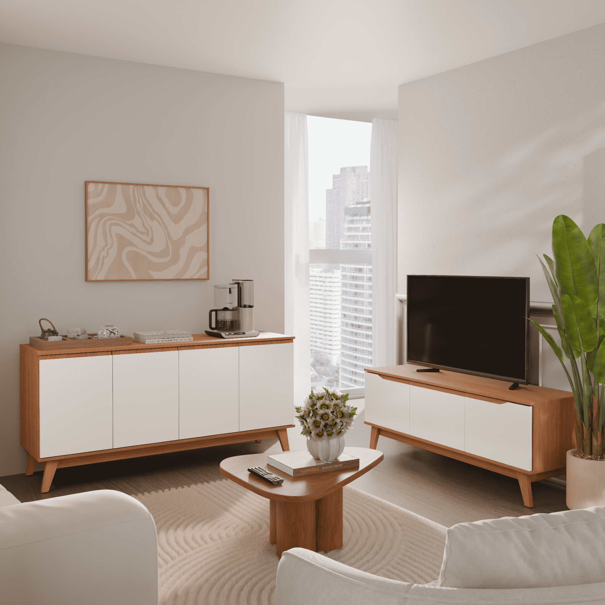 Kappesberg Living Room Furniture Set with 3-Door TV Stand and 4-Door Sideboard Golden Oak/White – Modern Storage Combo
