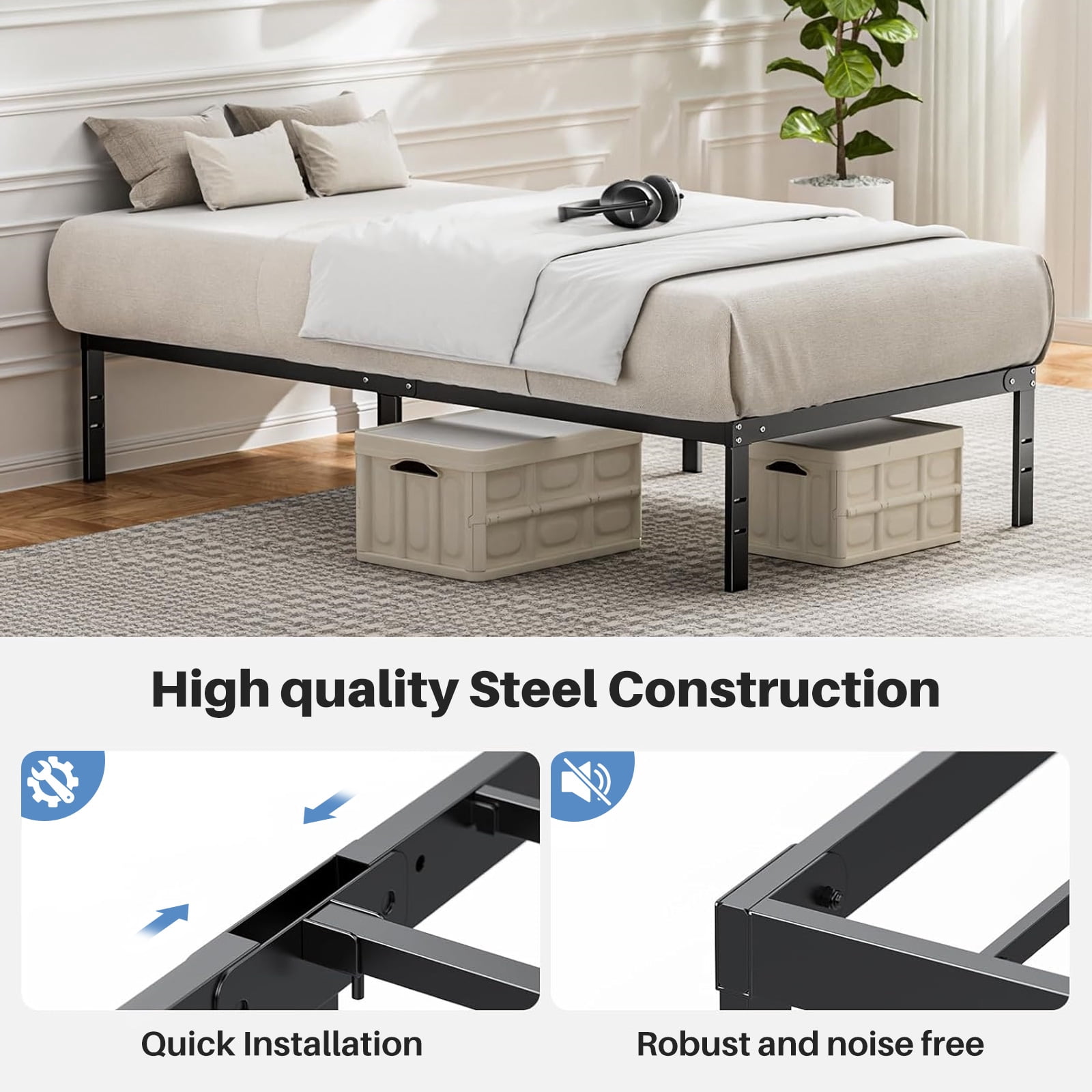 Taoset 14 inch High Heavy Duty Steel Bed Frame with Storage - Twin, No Box Spring Needed, Easy Assembly