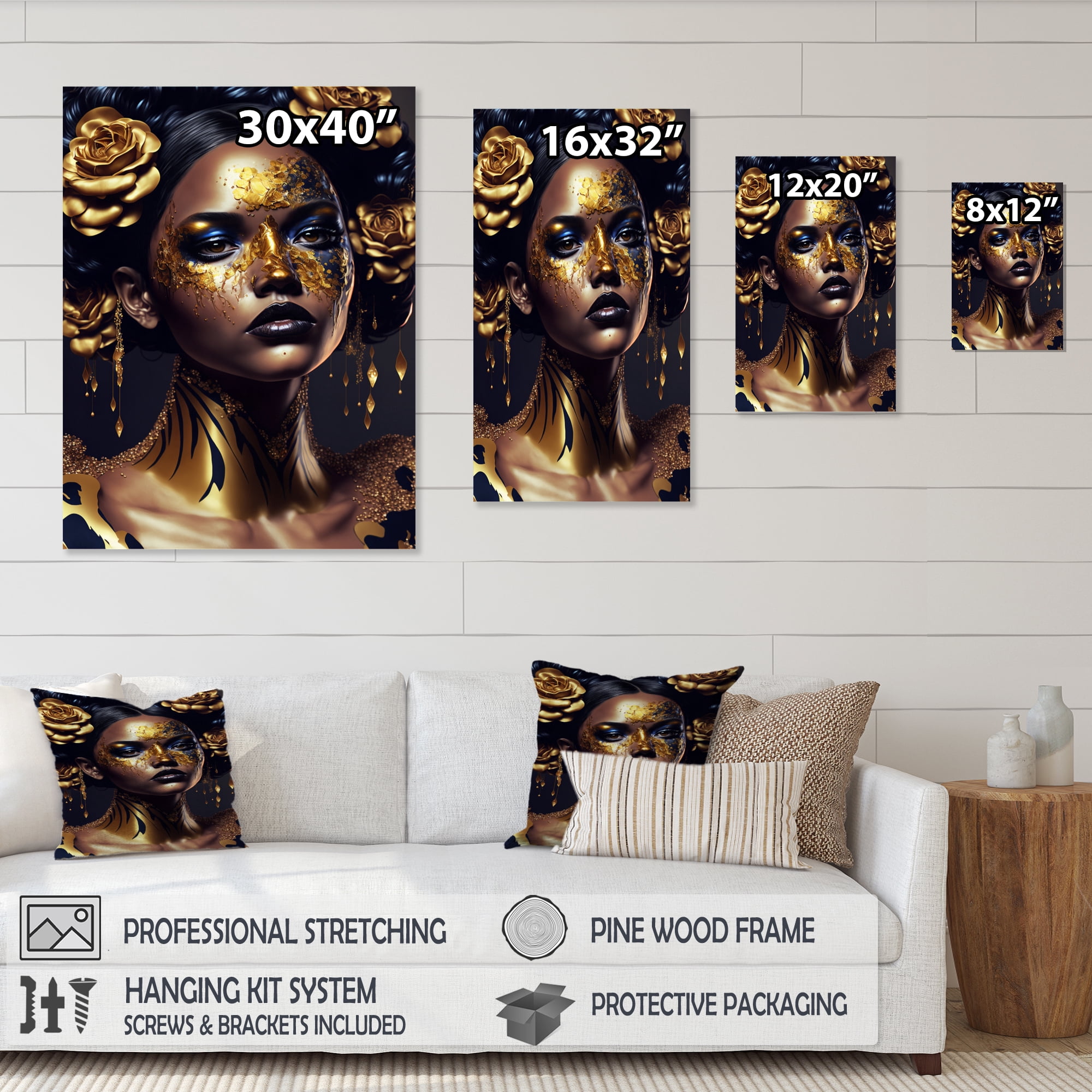 Designart Gold And Black Floral Woman V Canvas Wall Art