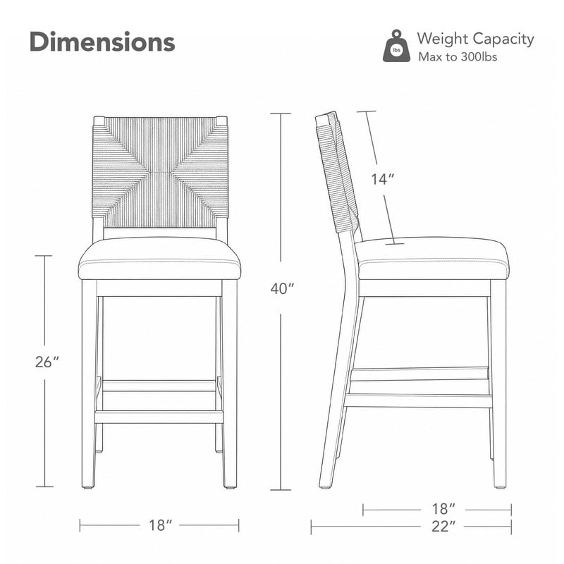 Spruce & Spring 26"Boho Counter Height Bar Stools Set of 2 with Handmade Rope Back, Upholstered Seats for Kitchen Island and Home Bar, Walnut
