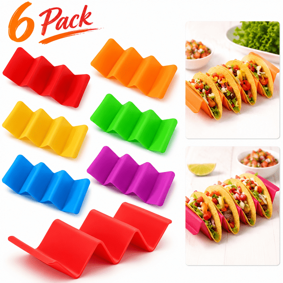 USTOP 6 Pack Colorful Taco Holder Stands, Food-Grade Plastic Taco Racks for Hard or Soft Shells, Microwave and Dishwasher Safe Mexican Food Server for Family Parties and Fiestas.