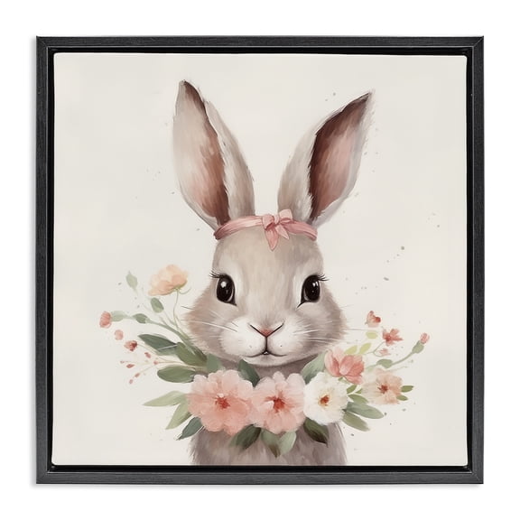 Stupell Industries Cottage Charming Bunny in Floral Wreath Black Floating Frame Canvas Art, 18 x 18, by Lazar Studio