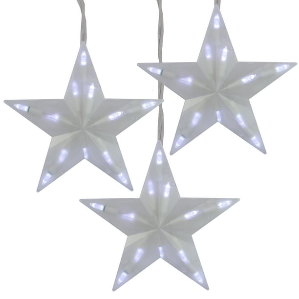Set of 3 Pure White Frosted LED 3D Star Icicle Christmas Lights White Wire