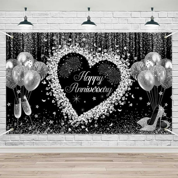 Lheaggik Happy Anniveary Banner Black and Silver Anniversary Decorations for Wedding Anniversary Party Photo Booth Backdrop Supplies