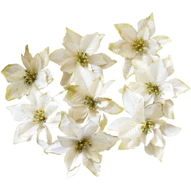 XmhyTop 16 piezas de flores artificiales para bodas y Navidad, adornos para árbol de Navidad con purpurina de 5 pulgadas, decoraciones para fiestas navideñas (doradas)