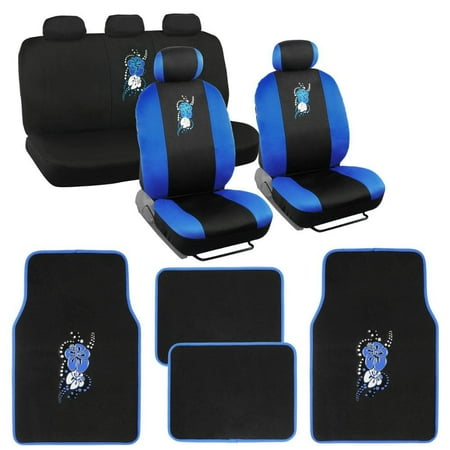 Blue On Black Hibiscus Flowers Auto Seat Covers For Car W Floor