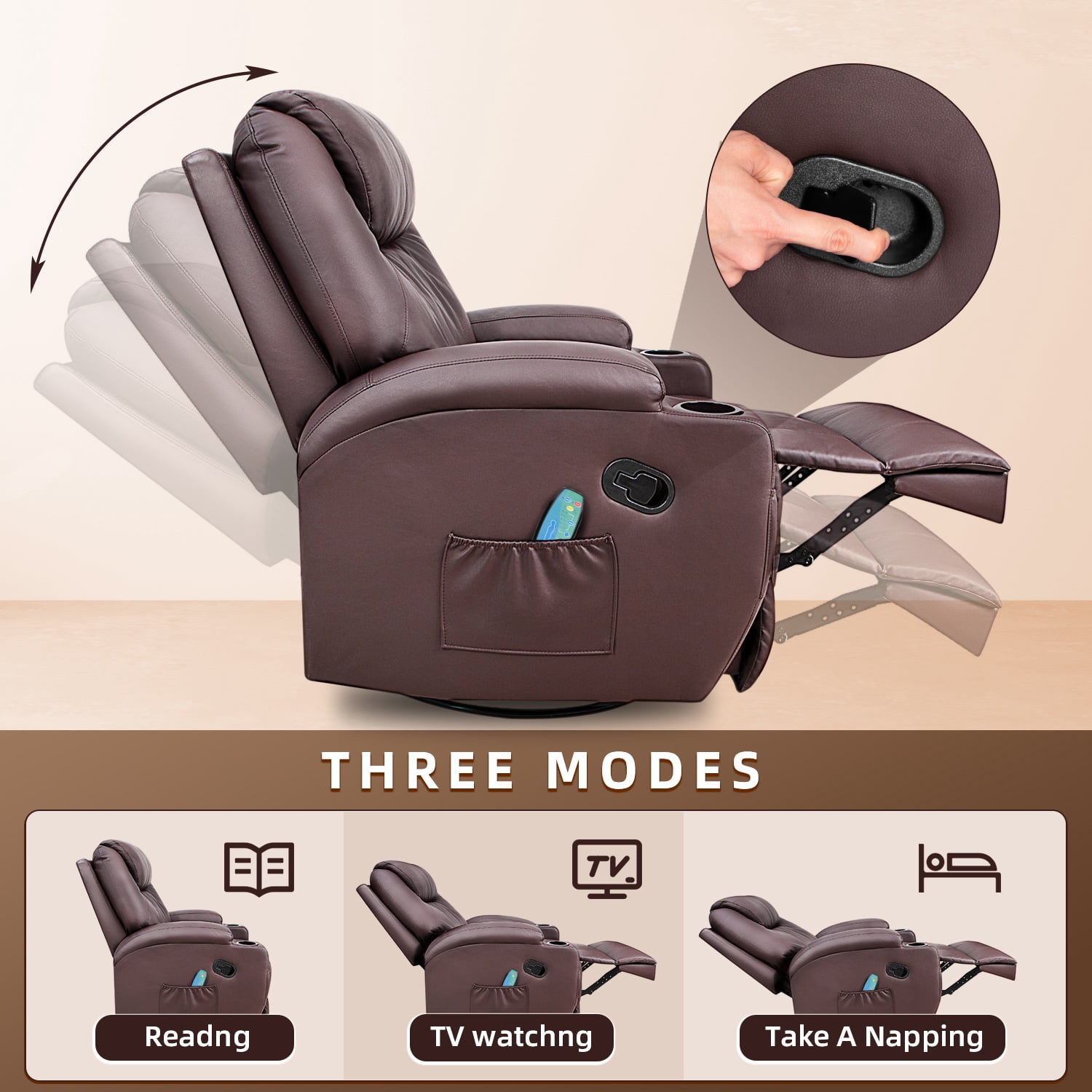 Vineego 360° Swivel PU Leather Chair with Massage Function Adjustable Home Theater Single Recliner,Brown