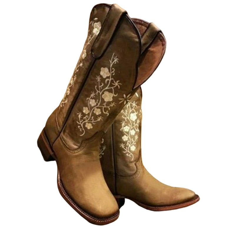 Women Western Cowboy Boots with Plus Size Low Chunky Heel Shoes for Jeans  Trench Coat Calf Pants Khaki 41 