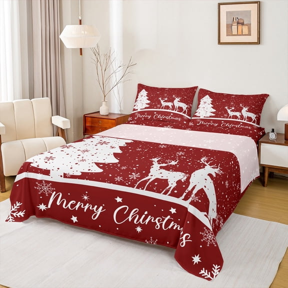 Homewish Dreamy Moose Reindeer Twin Sheet Sets for Kid, Magic Christmas Tree Twin Fitted Sheet, Happy New Year Flat Sheet, Breathable Home Decor, 3-Piece