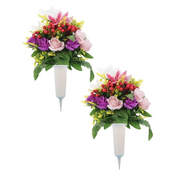 Artificial Cemetery Flowers with Vase,Set of 2 Artificial Rose Lily Bouquet Graveyard Memorial Flowers for Cemetery Headstones Decoration