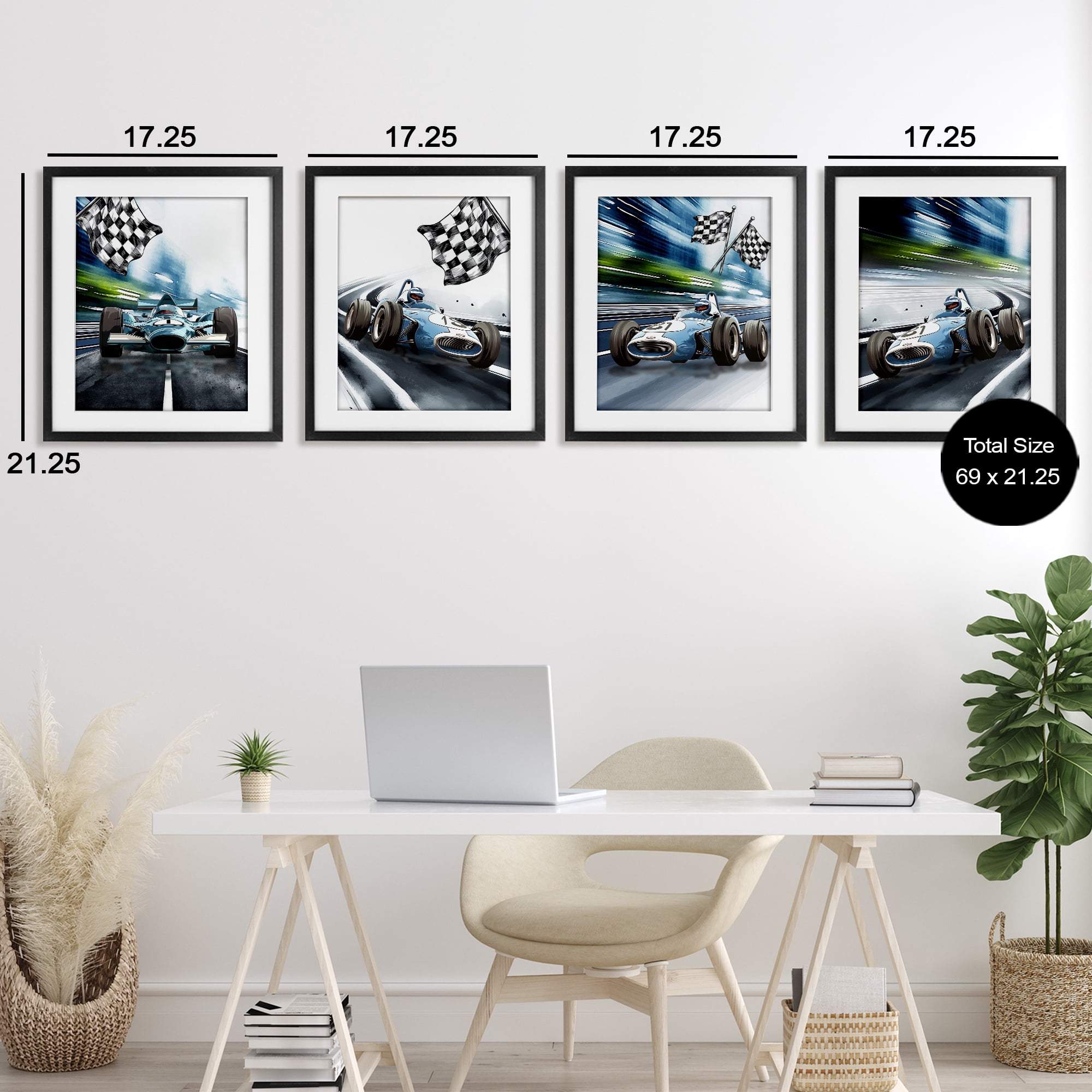 Stupell Industries Ready Set Racecars 4 Piece Black Framed Print Under Glass Set, design by Christine Simpson Art