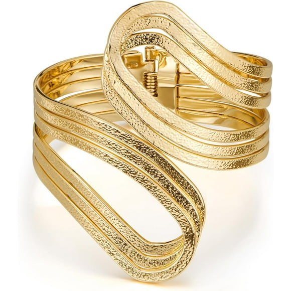 shiyou-Chunky Cuff Bracelets for Women Multi-layer Cross Wire Open Bangle Bracelet Adjustable Chunky Wide Open Wrist Cuffs Wrap Bracelet Gold/White Gold