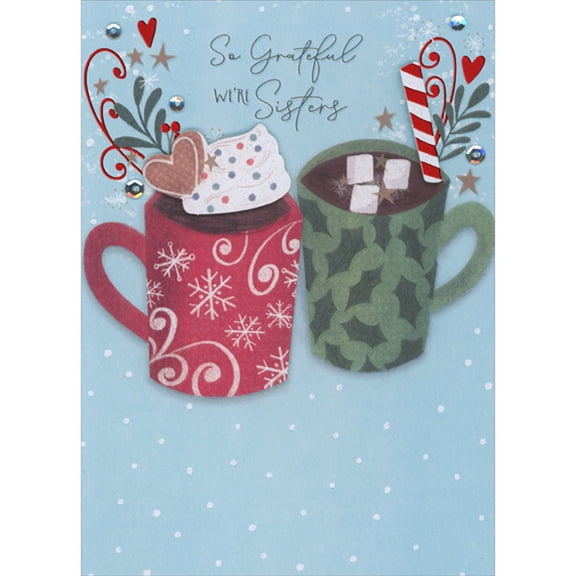 Designer Greetings Red and Green Mugs with 3D Die Cut Whipped Cream and Peppermint Stick on Light Blue Hand Decorated Christmas Card for Sister from Sister