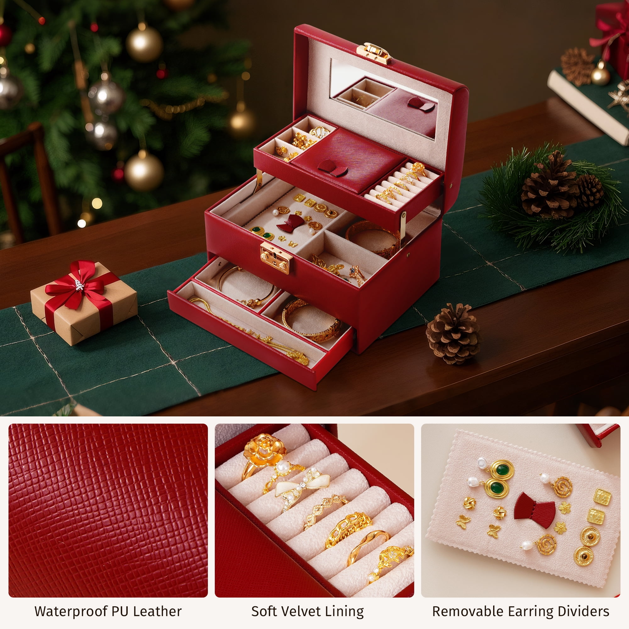 Casegrace Heart Shaped Lock Jewelry Box With Sync Open/Close Drawer, Multi-Layer Storage Case, Built-in Mirror, Portable Jewelry Organizer for Women Rings, Earrings, Necklaces, Valentine’s Day Gift