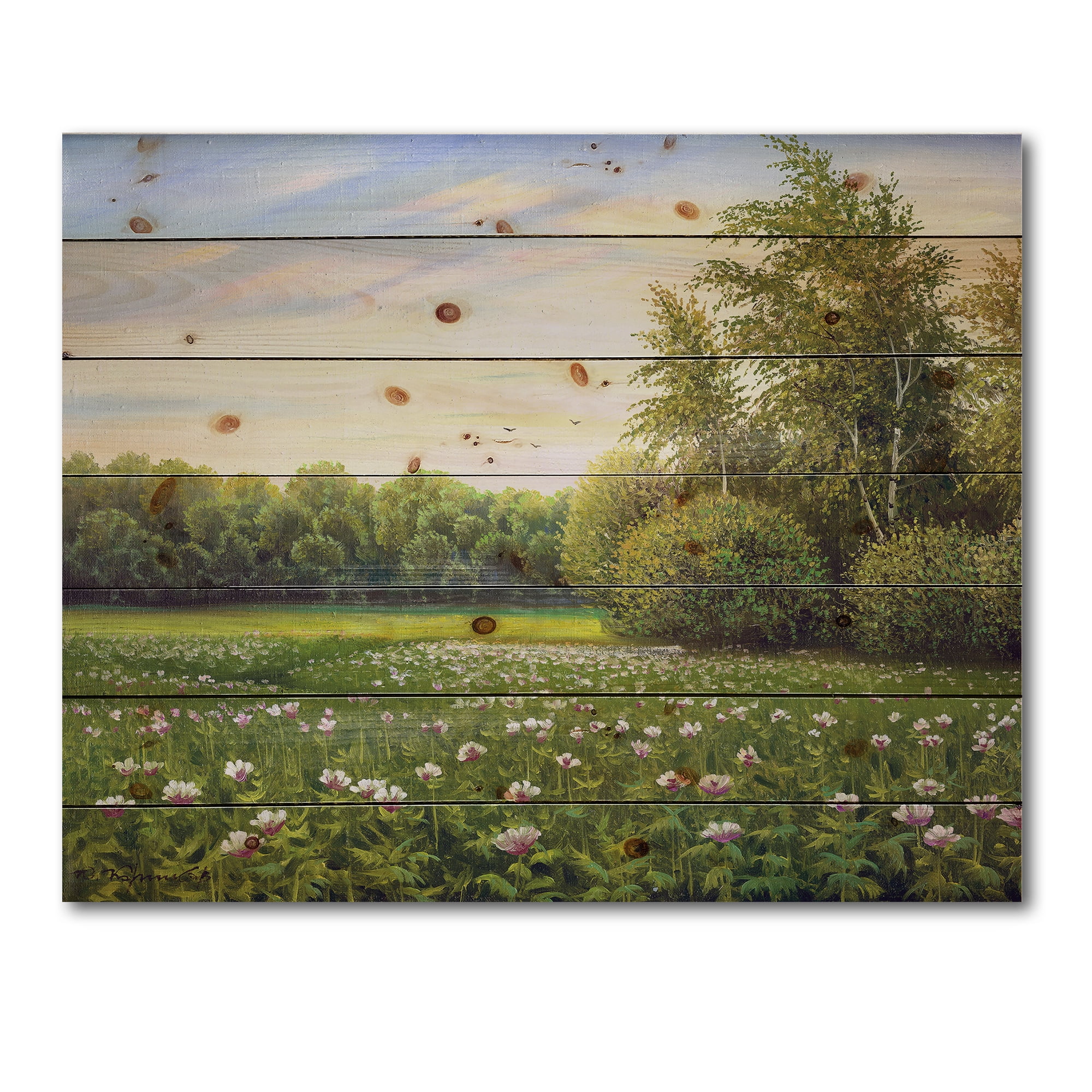 Designart 'Spring Trees By The Flowers and Meadows' Country Print on Natural Pine Wood