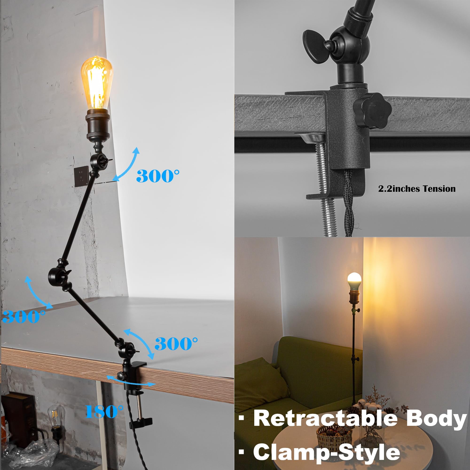 Kiven Dimmable Clip-on Desk Lamp, 1-Light Black Industrial Nightstand Lamp with Flexible Swing Arm, Remote Control, Decorative Clamp Lamp for Office Bookshelf Cabine DZ0151