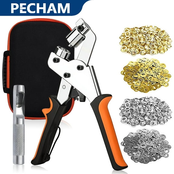 Pecham Heavy Duty Grommet Tool Kit, 300Pcs 3/8 Inch 10mm Grommets, Handheld Grommet Eyelet Pliers Kit with Grommets in Gold and Silver for DIY Tarp Ring Repair and Installation