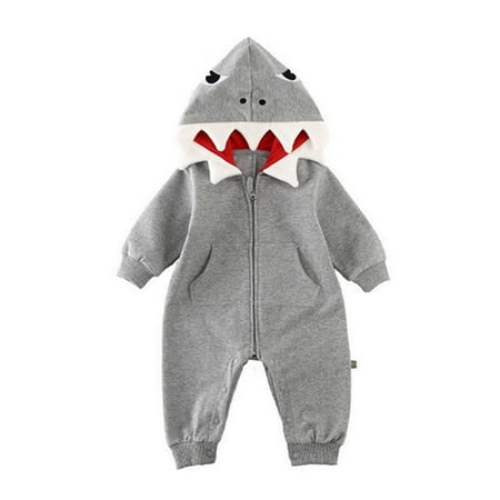 

Musuos Baby Boy Girl Shark Hooded Romper Long Sleeve Zipper Closure Bodysuit